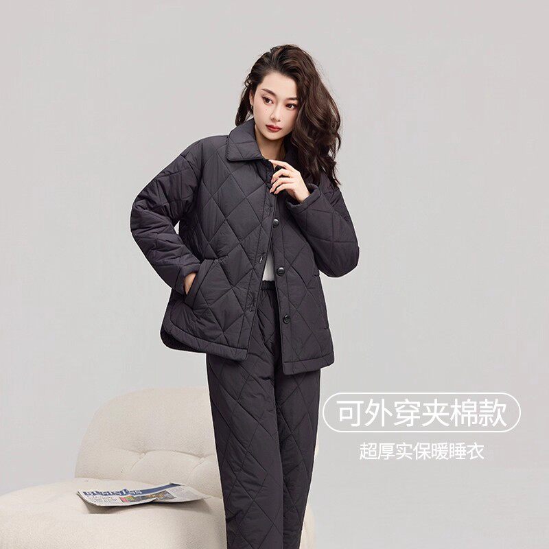 熊拾玖三层夹棉加厚保暖可外穿睡衣女2025秋冬季高级感家居服套装