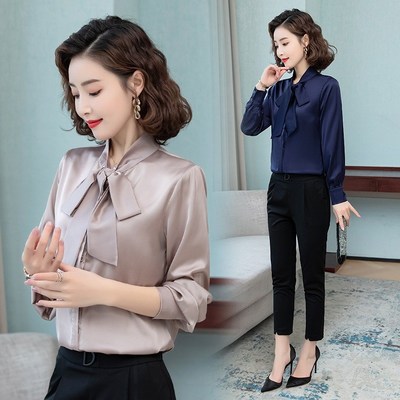 白色真丝衬衫女上衣春季新款蝴蝶结系带缎面女士衬衣优雅时尚气质