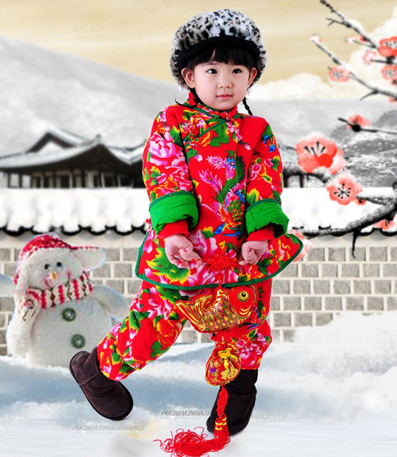 2020女童冬装儿童全棉加厚棉衣棉裤棉祅棉服套装新年春节喜庆唐装