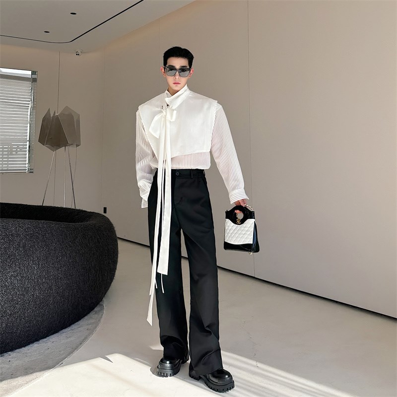 春夏网纱拼接假两件设计感衬衫男长袖时尚镂空飘带小众休闲衬衣潮