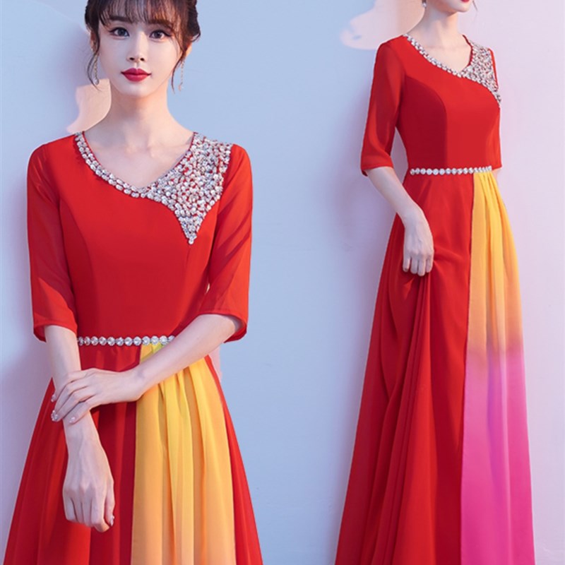 红歌大合唱演出服女长裙中老年比赛主持人诗歌朗诵显瘦宴会礼服裙