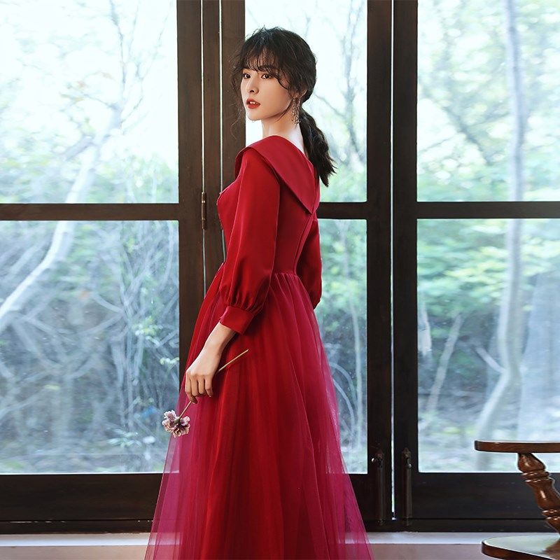 姐妹团伴娘礼服裙女秋冬季长袖长款宴会2024新款气质婚礼平时可穿