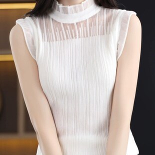 无袖花边领配开衫针织内搭羊毛背心女修身蕾丝立领外穿打底小衫