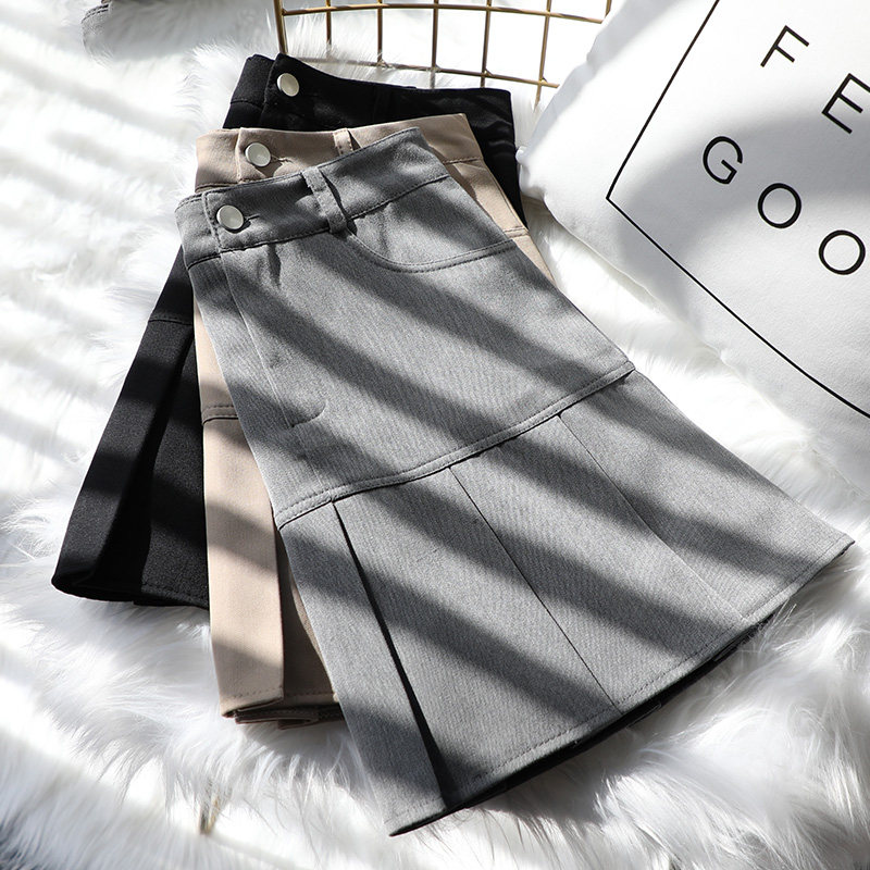 有口袋百褶裙女夏高腰a字显瘦小个子短裙西装面料港风灰色半身裙