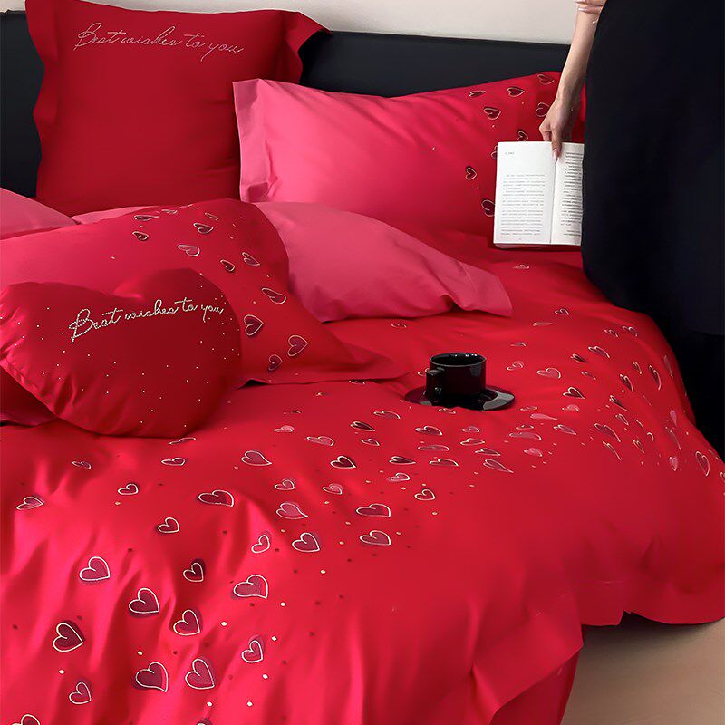 渐变爱心婚庆纯棉四件套长绒棉女方陪嫁被套全棉结婚床上用品喜被