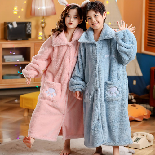 秋冬女童睡袍法兰绒加厚女孩浴袍珊瑚绒加长款宝宝睡衣儿童家居服