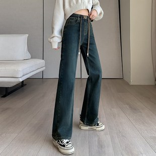 加绒阔腿牛仔裤女松紧腰2024冬季新款弹力宽松显瘦水泥灰直筒长裤