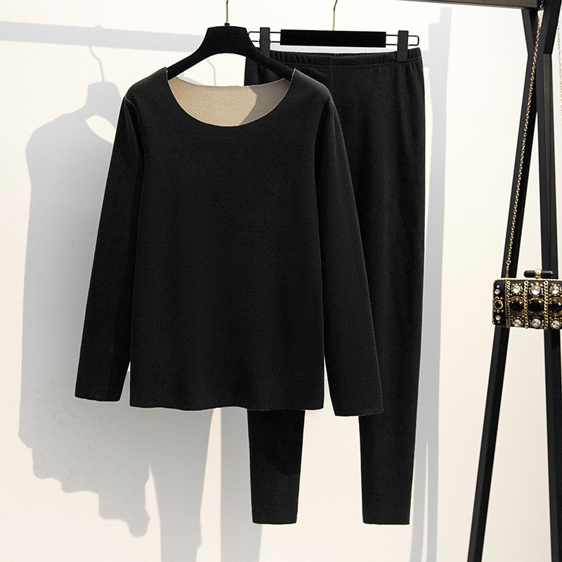 加肥加大码徳绒保暖内衣女200斤胖mm无痕自发热秋衣秋裤打底套装3