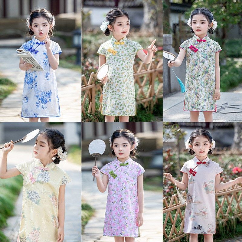 儿童旗袍夏季短袖改良女童唐装连衣裙中国风古筝礼服宝宝表演纯棉