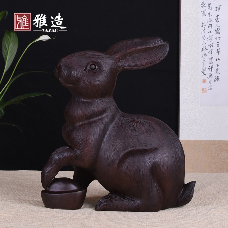 黑檀木雕兔子摆件实木质兔动物工艺品家居客厅办公室装饰摆设工艺