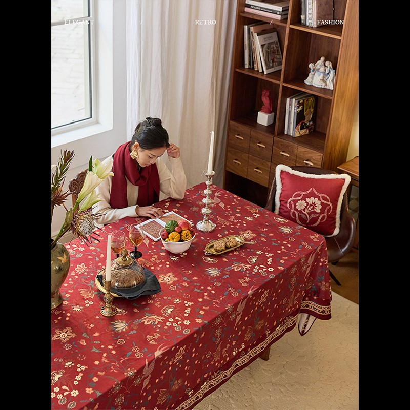 蜡笔派瑞年啼春桌布喜庆氛围感餐桌盖布红色防水桌布茶几布定制