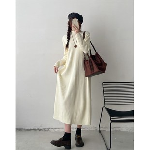 秋冬半高领针织中长款女胖mm大码宽松显瘦内搭打底连衣裙休闲长裙