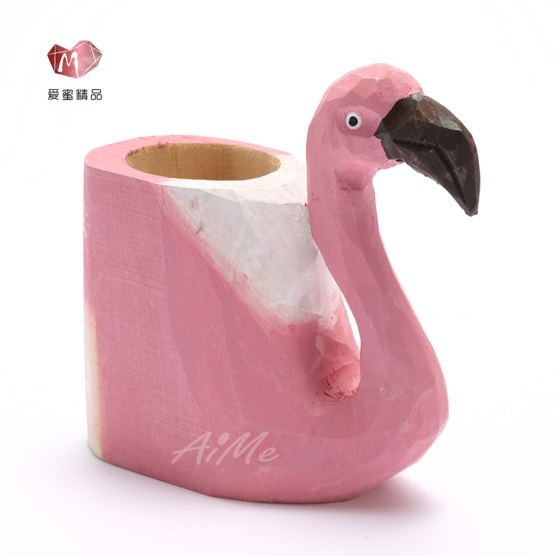 工艺礼品笔筒摆件创意木雕动物火烈鸟笔筒艺术文具收纳儿童节礼物