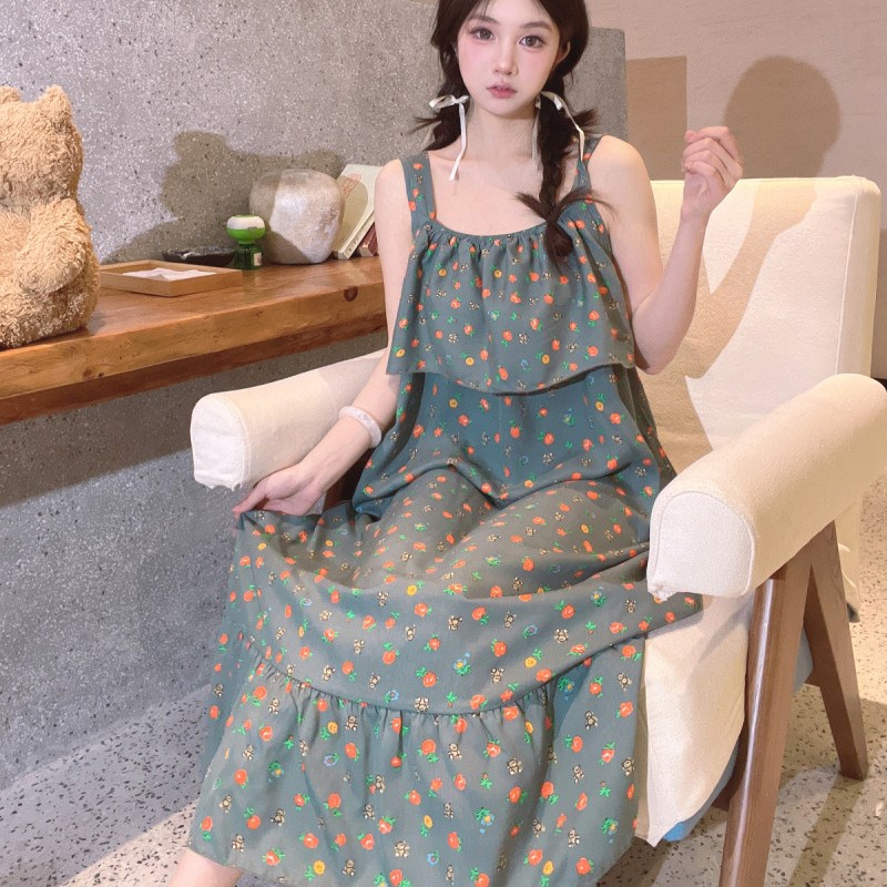 女学生甜美吊带裙大码睡衣夏季胖mm短袖睡裙薄款棉绸宽松连衣裙