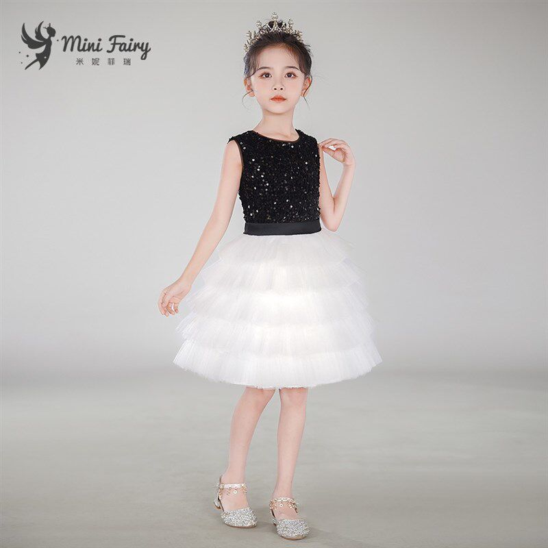 女童高端礼服黑白网纱蛋糕裙女孩小提琴演奏比赛公主裙钢琴演出服
