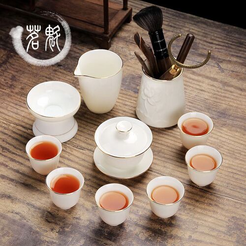 羊脂玉功夫茶具套装家用轻奢中式泡茶办公室会客高档白瓷盖碗茶杯