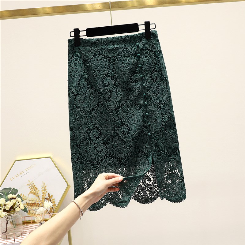 2021秋冬新款蕾丝镂空开叉显瘦高腰半身裙女中长款一步轻熟包臀裙