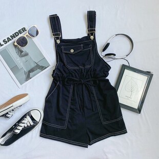 女夏季 学院风百搭设计感口袋抽绳高腰显瘦背带连体裤 阔腿短裤