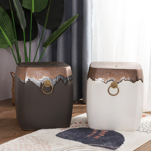 咖金色凳面灰色白色凳身陶瓷鼓凳客厅几凳庭院摆件酒店绣墩换鞋墩