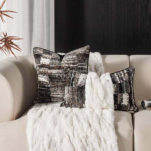 中古风复古黑咖色抽象割绒抱枕客厅沙发别墅酒店靠垫样板房腰枕