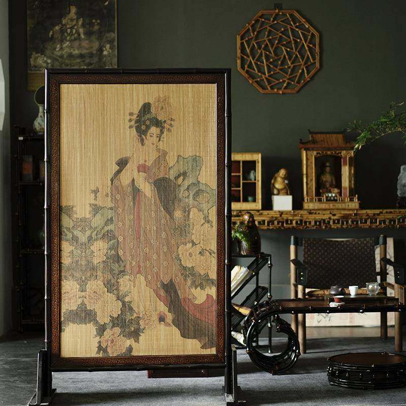 新中式楠竹屏风 竹丝席面仕女图 双面隔断正对入户门座屏