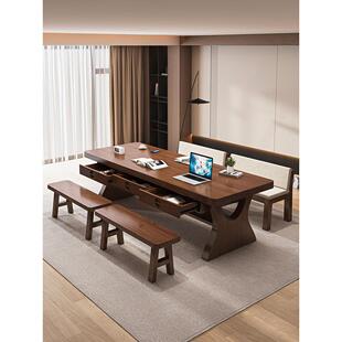 北欧实木客厅大长书桌学习桌家用现代简约去客厅化双层带抽屉书桌