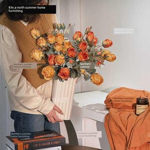 覆古焦边田园玫瑰人造花花束软装客厅家居花瓶插花装饰花型年