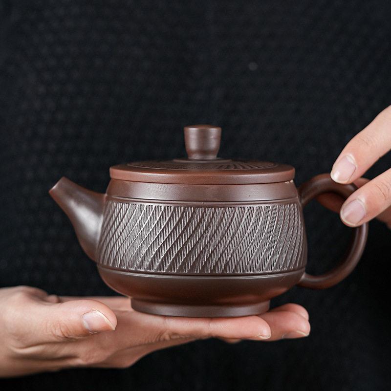 紫陶全手工跳刀纹汉瓦壶凤鸣壶大容量紫陶壶高档家用茶具礼盒