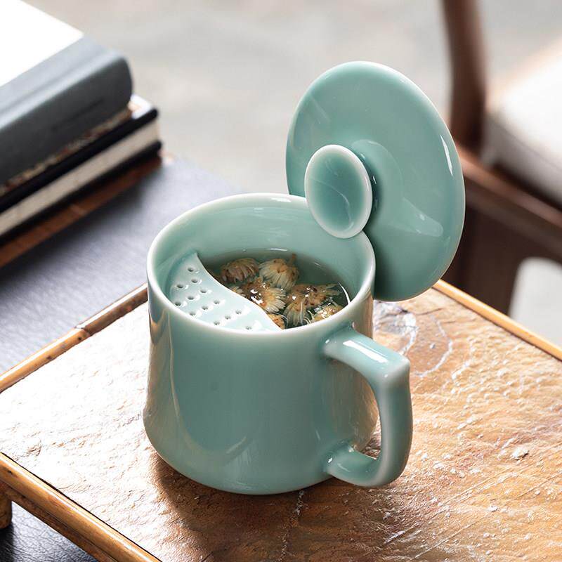 龙泉星艺月牙杯茶漏青瓷带盖子过滤茶杯家用水杯泡茶陶瓷办公杯会