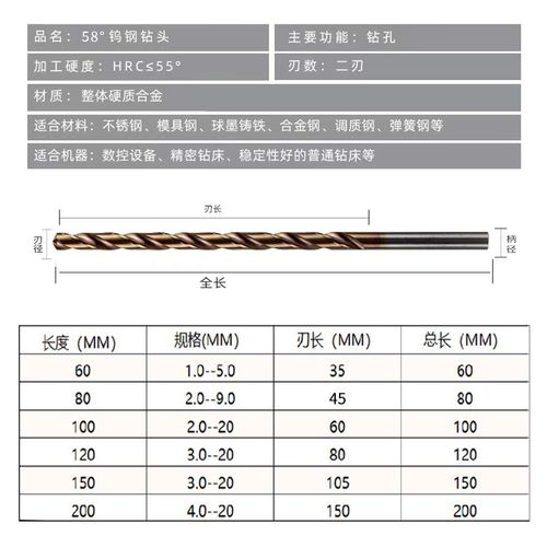 58度钨钢钻头硬质合金加长6080100涂层不锈钢用超硬直柄麻花钻头