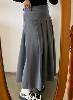 小胖噔 高腰中长款百褶半身裙女秋冬微胖大码胖mm灰色复古a字裙子
