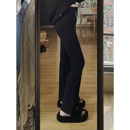 胖mm大码女装黑色弹力微喇加绒牛仔裤子胖妹妹秋冬加厚保暖阔腿裤