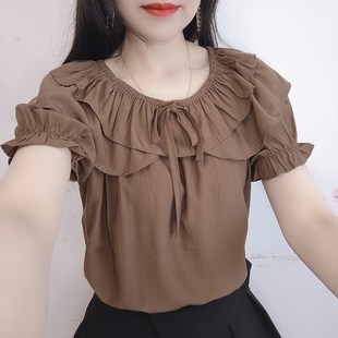 荷叶边一字领红色短袖雪纺衬衫夏季大码女装洋气小衫宽松显瘦上衣