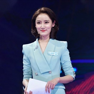 蓝色主持人西服套装女播音艺考正装小西装演讲比赛服装主播职业装