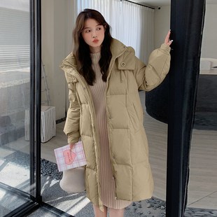 奶呼呼粉色连帽羽绒棉服冬季2024新款加厚中长款面包服宽松外套