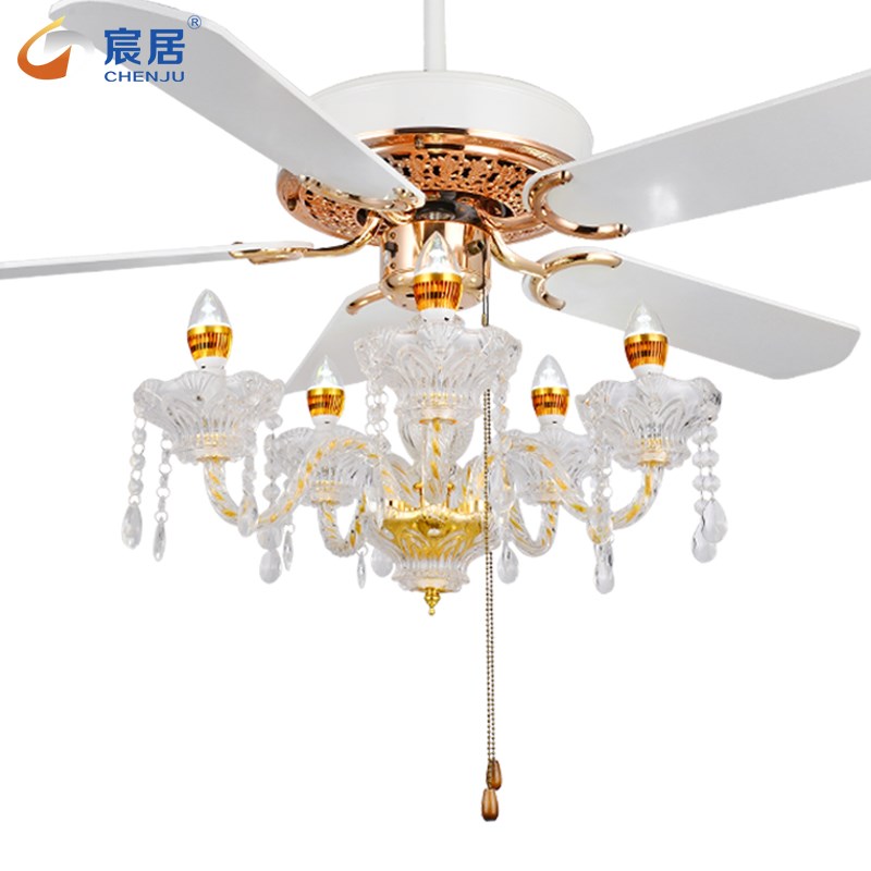 宸居水晶吊扇灯餐厅蜡烛灯电扇吊灯高级感客厅灯具法式奢华风扇灯
