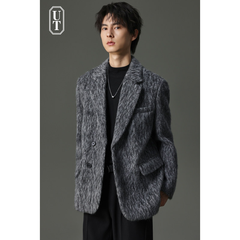 长毛水波纹羊毛西服男士冬季加厚款休闲毛呢子西装高级感外套男