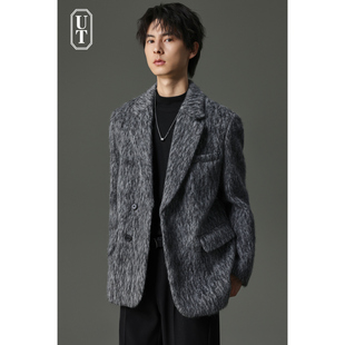 长毛水波纹羊毛西服男士冬季加厚款休闲毛呢子西装高级感外套男