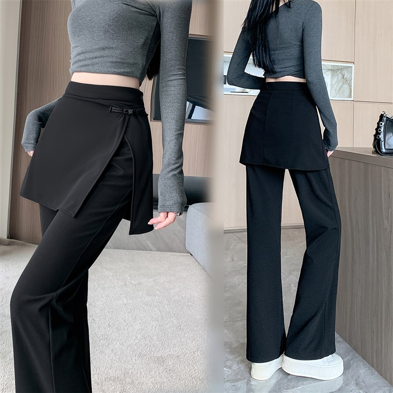 大码女装2025冬季新款显瘦高腰弹力裤裙气质直筒假两件休闲裤子女