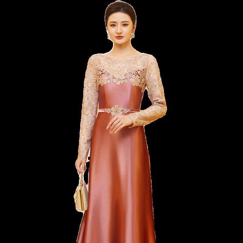 2024秋冬喜妈妈婚宴礼服结婚衣服婆婆装高档年会主持人长袖连衣裙