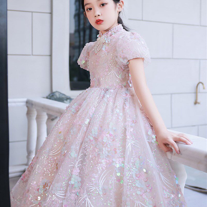 高端钢琴轻奢风礼服公主裙女大童主持走秀演出服小女孩亮片连衣裙