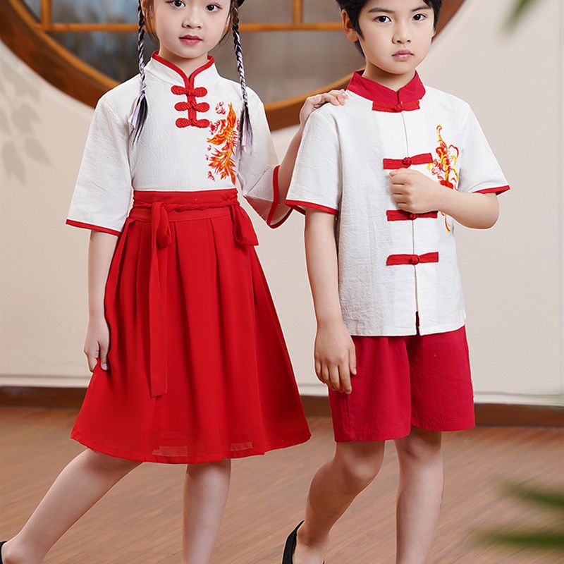 儿童汉服幼儿朗诵演出服中国风套装男女童国学服诗歌朗诵表演服夏