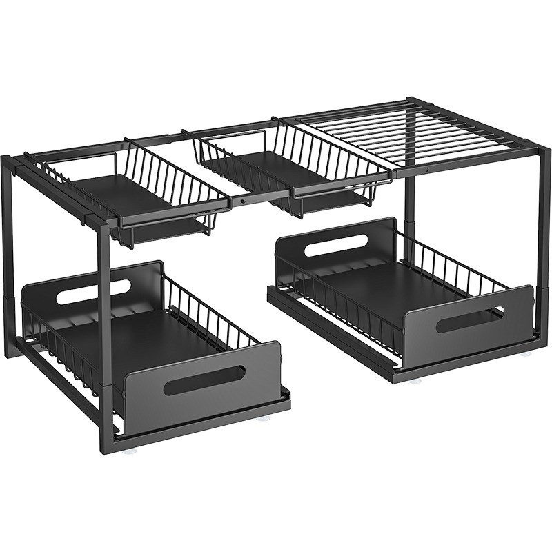 可伸缩厨房下水槽置物架抽拉式橱柜内分层隔板多功能厨房锅具收纳