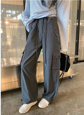 大码女装灰色阔腿工装裤胖妹妹mm宽松显瘦高腰脚口抽绳哈伦休闲裤