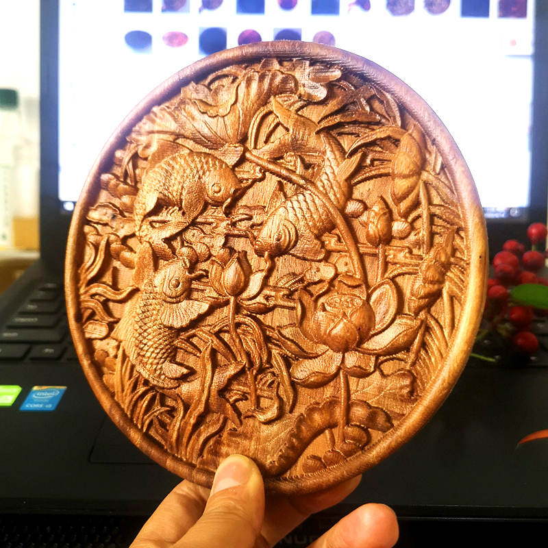 木雕摆件鱼荷花禅意茶道壁挂木板画装饰浮雕版画家具雕刻木贴花板