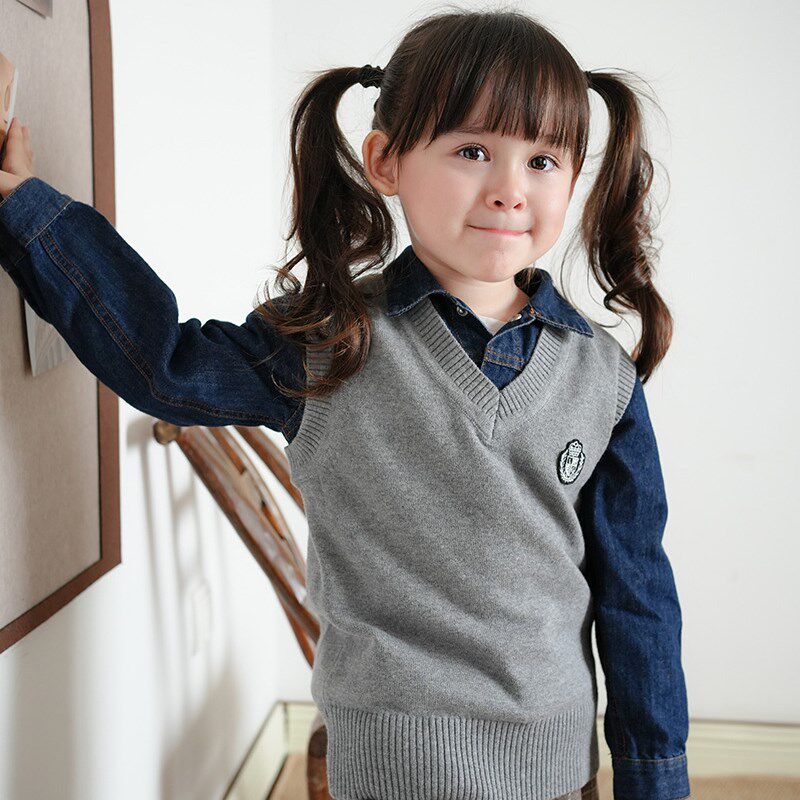 韩国男童毛线马甲中大儿童针织V领背心毛衣女童2024春秋款亲子装