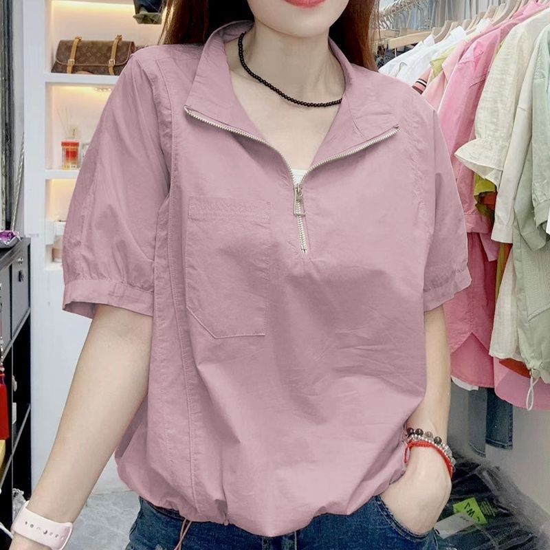 薄款纯棉短袖衬衣拉链翻领收腰衬衫夏季新款短款娃娃衫宽松上衣女,女装/女士精品,衬衫,淘宝优惠券,粉丝福利购,淘宝优惠卷