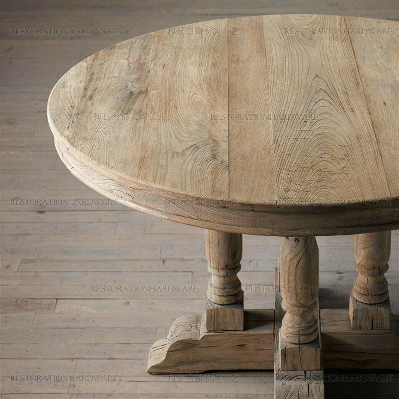 美式乡村实木复古餐桌 法式原木做旧老松木圆桌 8/10/12人欧式范