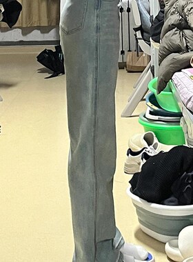 浅蓝色直筒牛仔裤女大码胖mm高腰显瘦阔腿裤子梨形身材遮胯长裤夏
