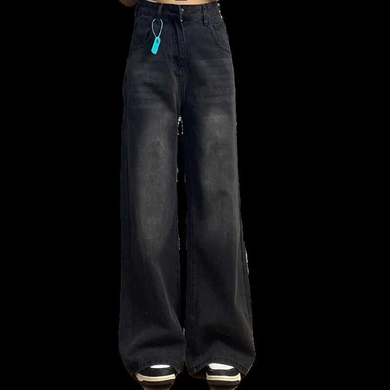 春秋冬季加绒复古风小个子显高宽松百搭直筒阔腿裤黑灰色牛仔裤女